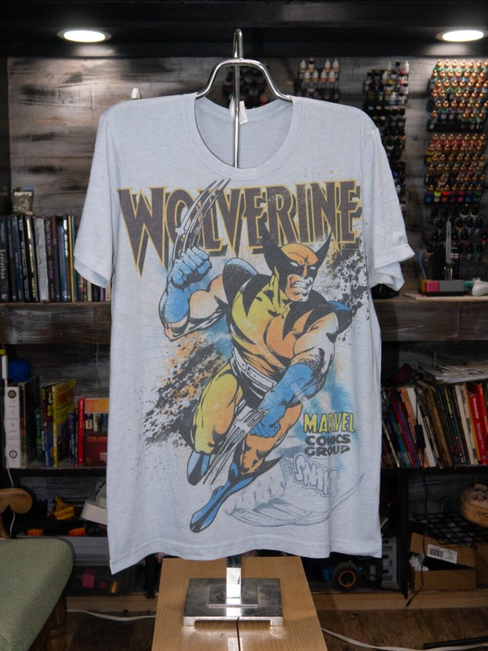 Marvel Wolverine SNIKT Comic Graphic Tee Light Blue Distressed X-Men